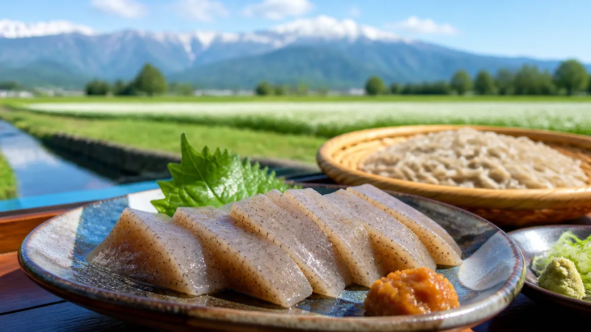 安曇野そば処双葉の名物「自家製こんにゃく」と季節の一品の解説画像